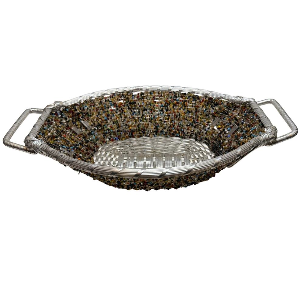 IHI Boat Shape Seed Bead Basket Silver Metal And Wire Made In India 13.5" x 8"